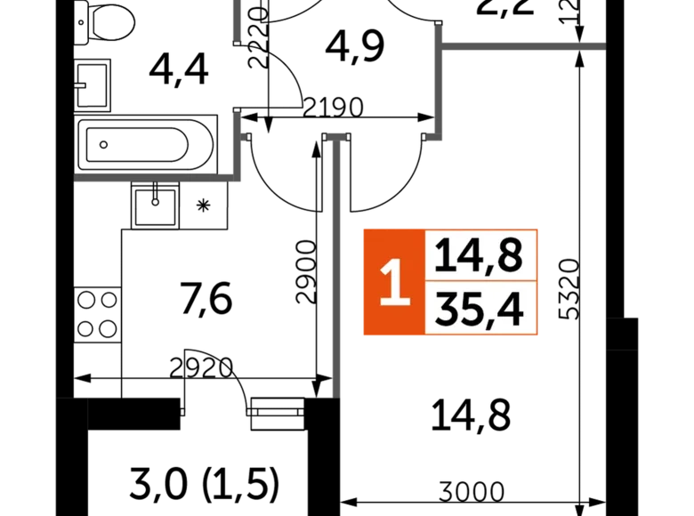 Квартира 1 комната 35 м² Развилка, Россия