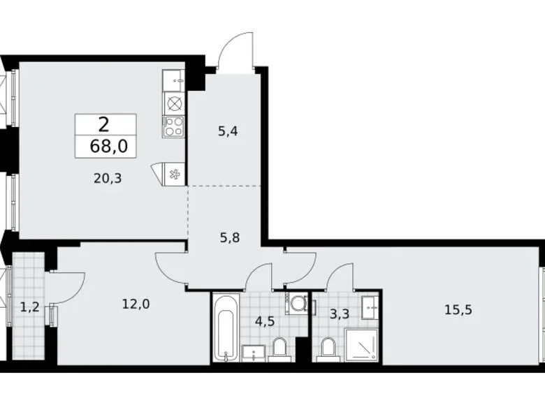 2 room apartment 68 m² Troitsk, Russia