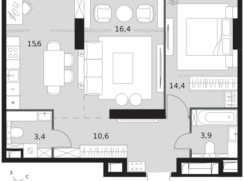 Квартира 2 комнаты 64 м² район Коньково, Россия