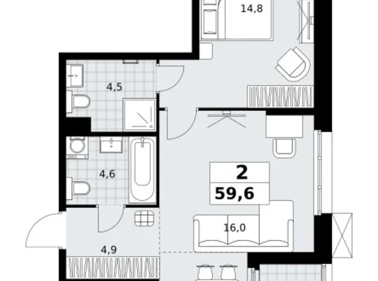 2 room apartment 60 m² Kommunarka, Russia