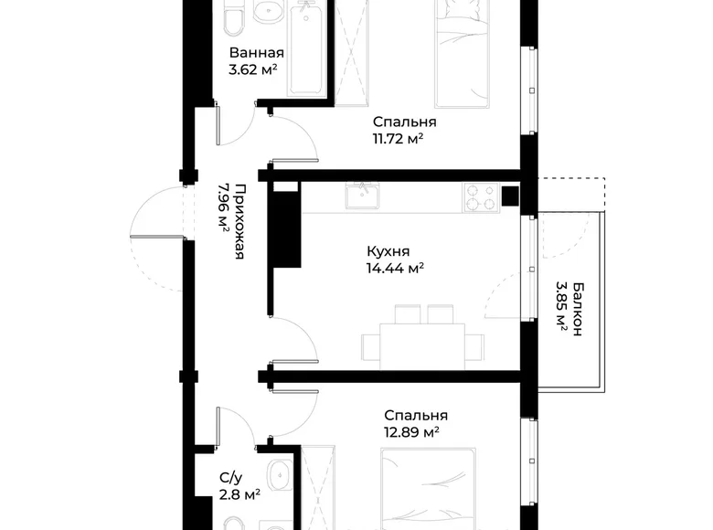 Квартира 2 комнаты 55 м² Ташкент, Узбекистан