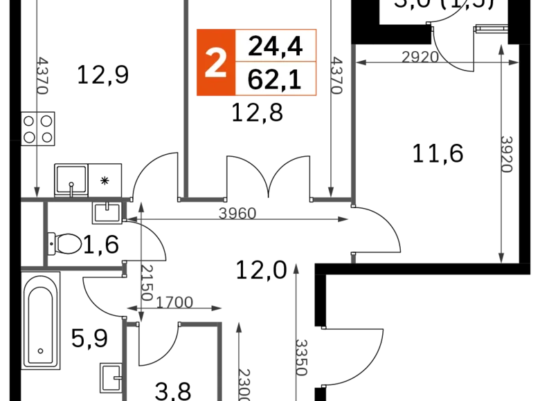 2 room apartment 62 m² Moscow, Russia