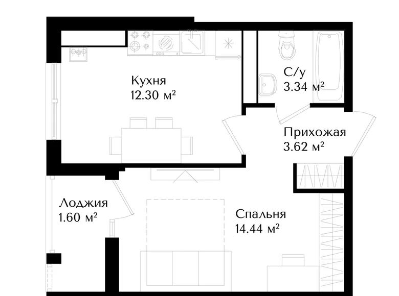 Kvartira 1 xona 35 m² Toshkentda