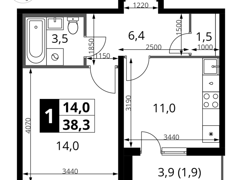 1 room apartment 38 m² Leninsky District, Russia