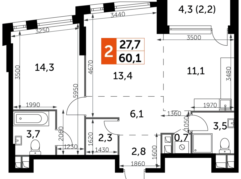 2 room apartment 60 m² Moscow, Russia