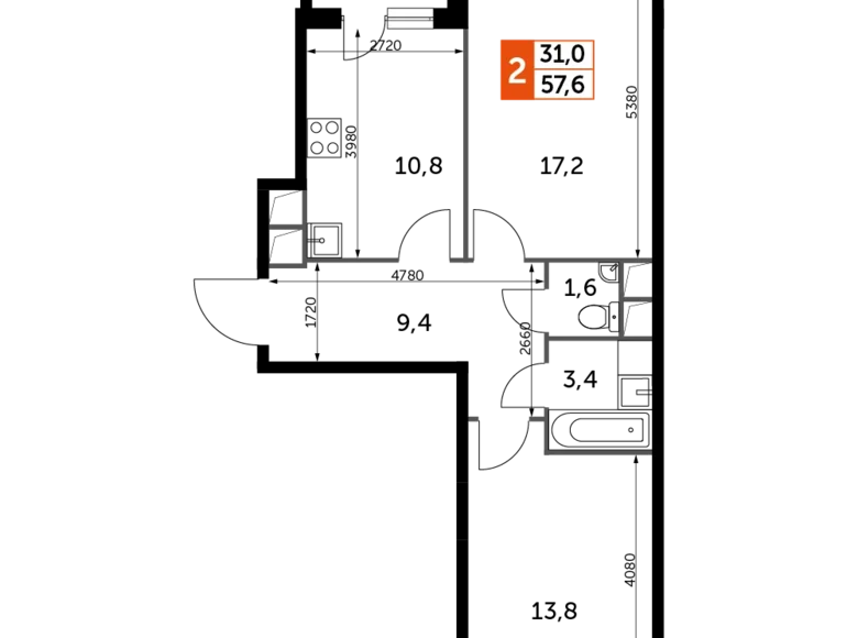 Квартира 2 комнаты 58 м² Развилка, Россия