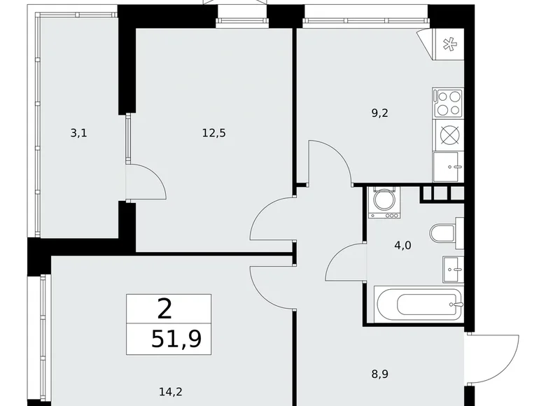 2 room apartment 52 m² poselenie Desenovskoe, Russia