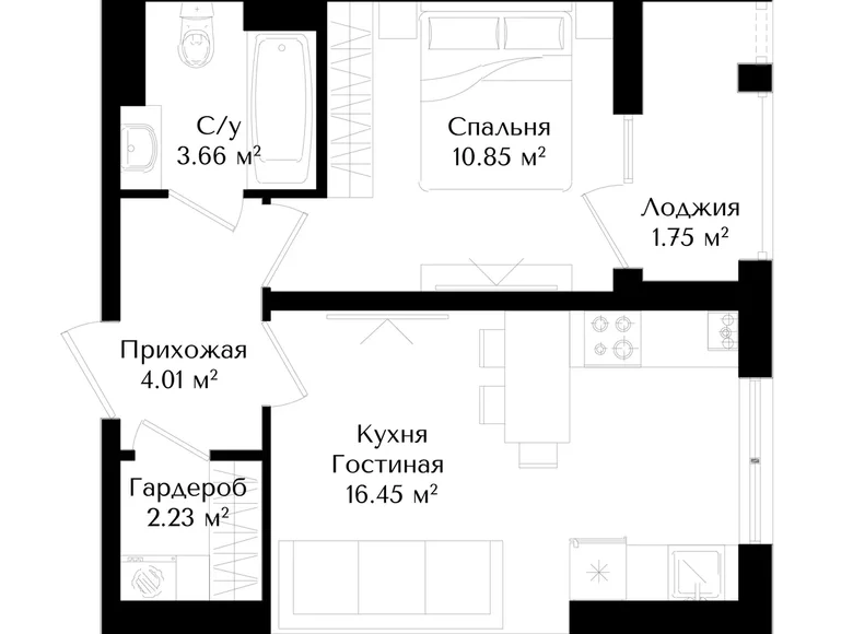 Kvartira 1 xona 38 m² Toshkentda