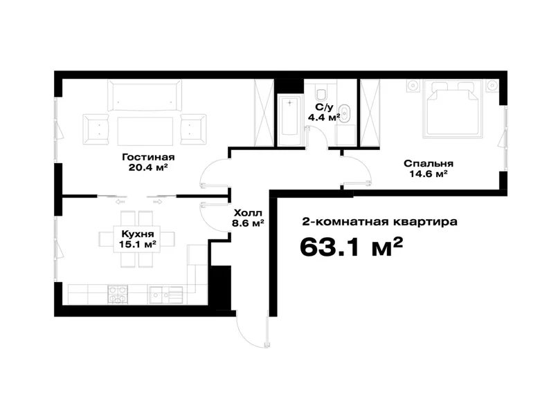 Kvartira 2 xonalar 63 m² Toshkentda