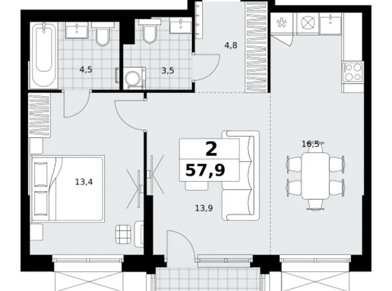 2 room apartment 58 m² Kommunarka, Russia