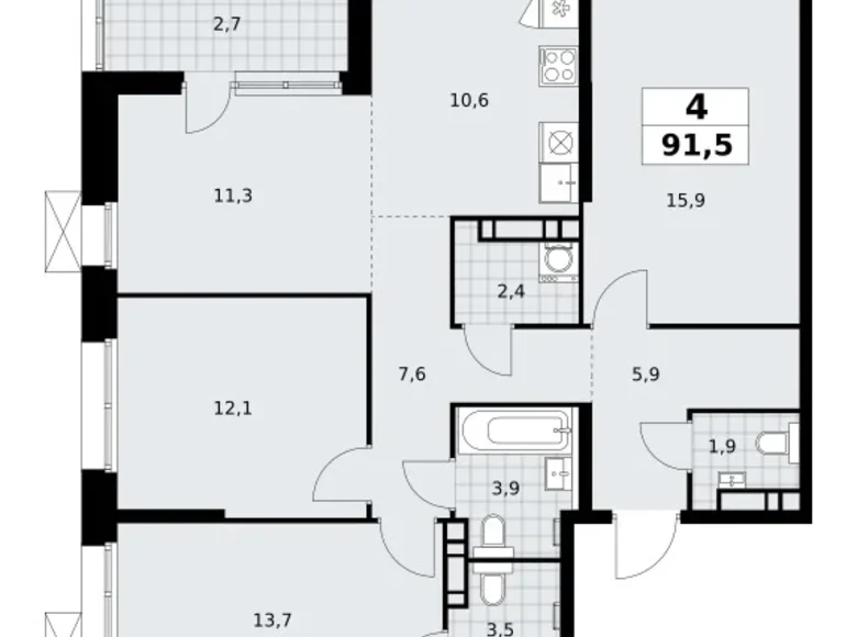 Mieszkanie 4 pokoi 92 m² poselenie Sosenskoe, Rosja