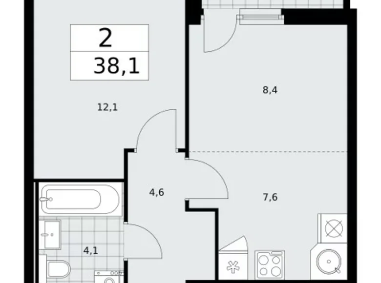 2 room apartment 38 m² Moscow, Russia