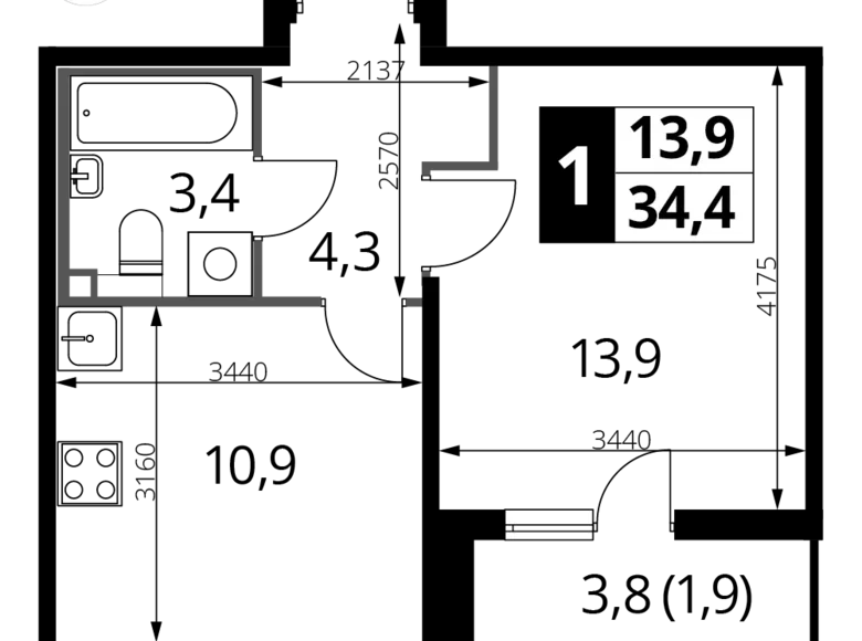 Wohnung 1 Zimmer 34 m² Nekrasovka District, Russland