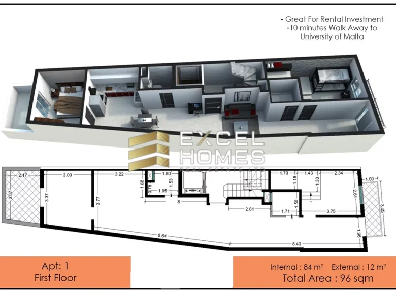 1 bedroom apartment  Msida, Malta