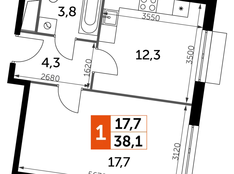 Mieszkanie 1 pokój 38 m² Razvilka, Rosja