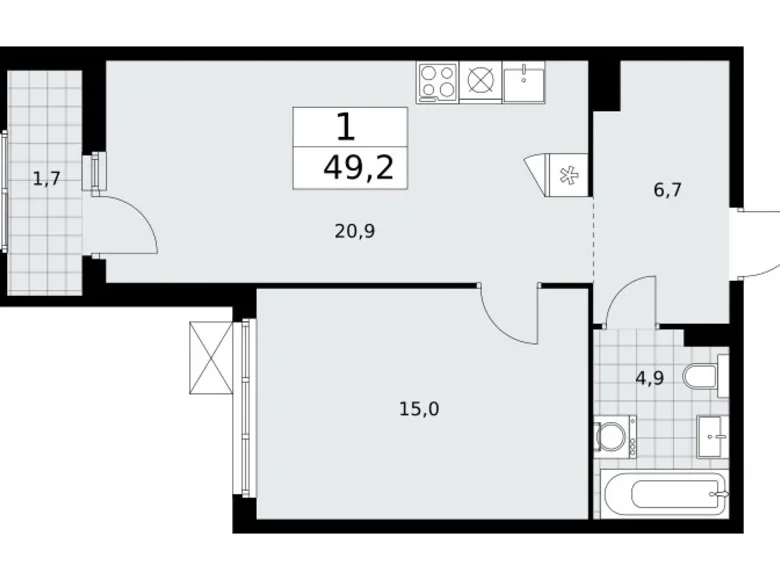 1 room apartment 49 m² Troitsk, Russia