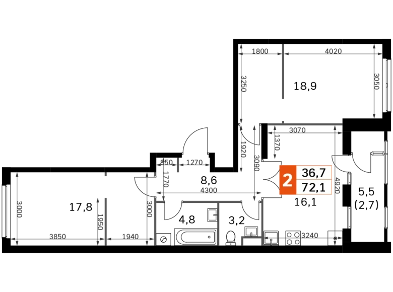 Квартира 2 комнаты 72 м² Москва, Россия