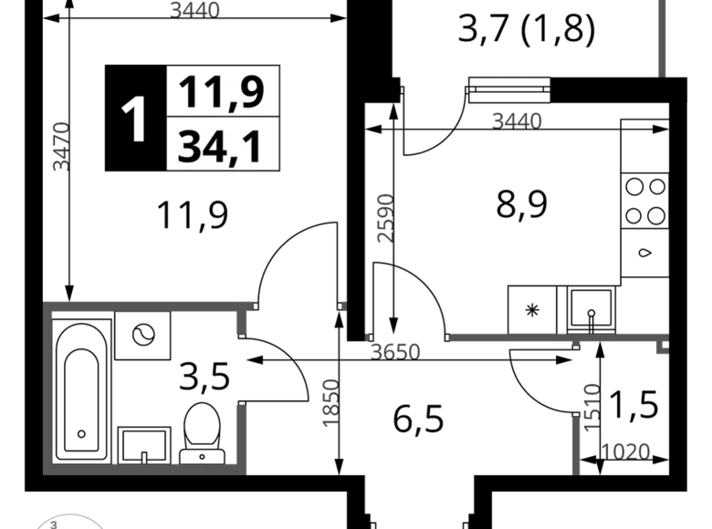 Квартира 1 комната 34 м² Ленинский район, Россия