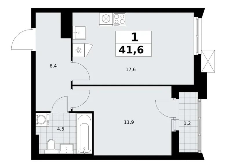 Квартира 1 комната 42 м² район Троицк, Россия