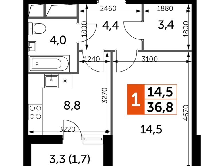 Mieszkanie 1 pokój 37 m² Razvilka, Rosja