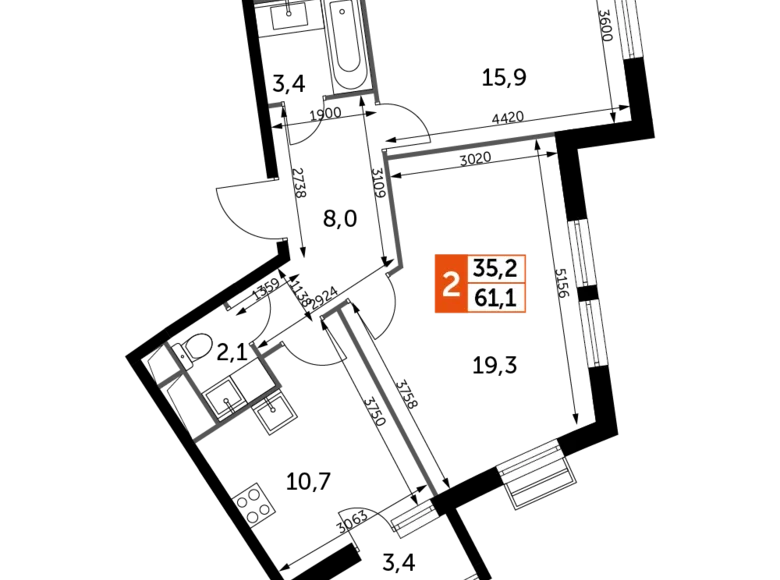 Квартира 2 комнаты 61 м² Развилка, Россия