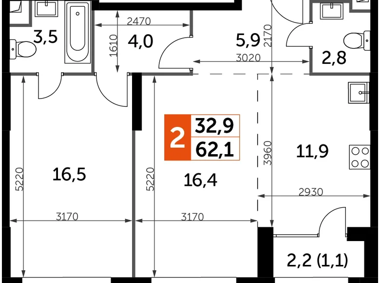 Квартира 2 комнаты 62 м² Северо-Западный административный округ, Россия