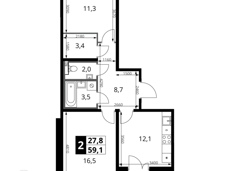 2 room apartment 59 m² Leninsky District, Russia