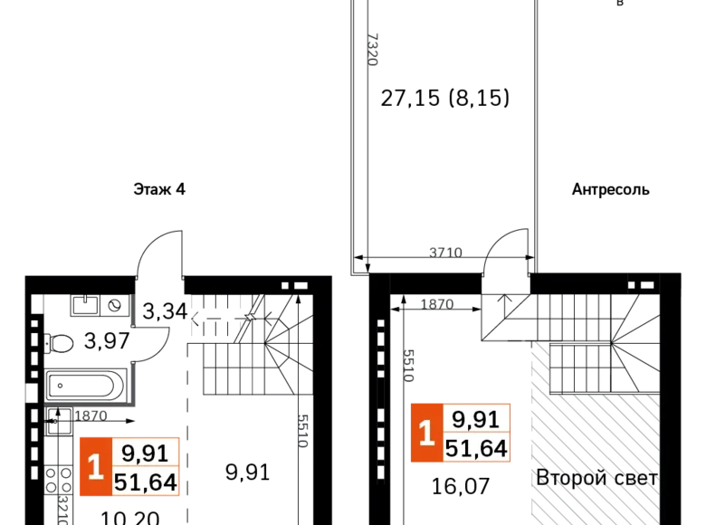 Квартира 1 комната 52 м² Одинцовский городской округ, Россия