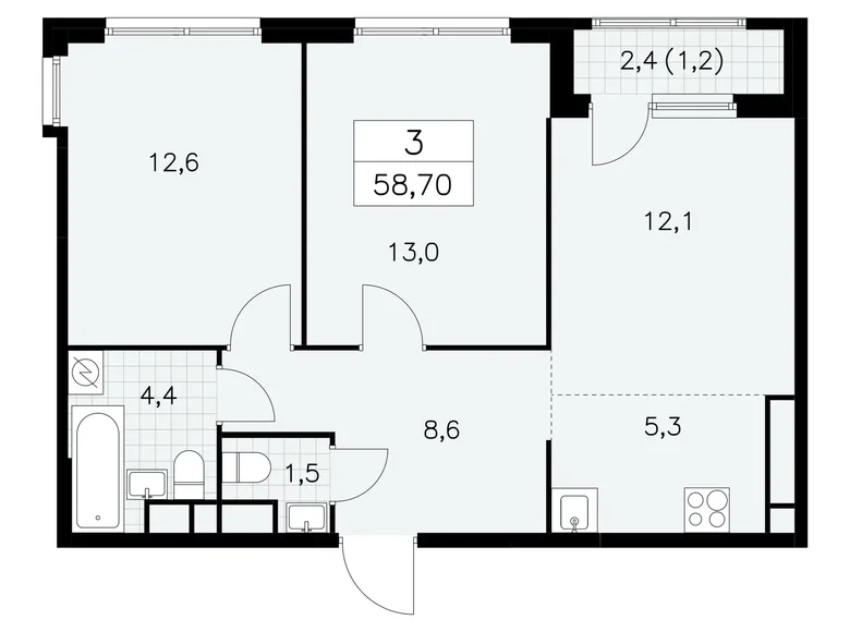 3 room apartment 59 m² South-Western Administrative Okrug, Russia