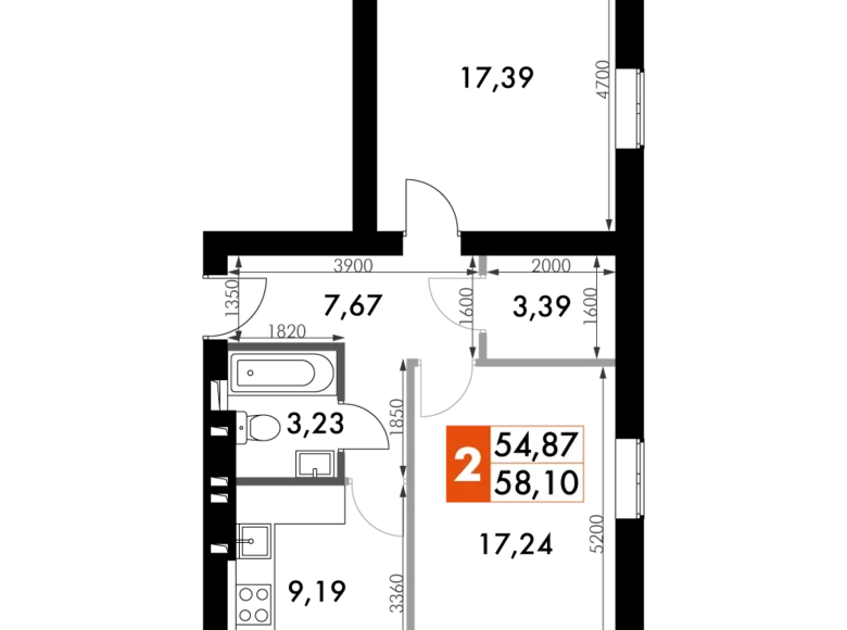 2 room apartment 57 m² Naro-Fominskiy gorodskoy okrug, Russia