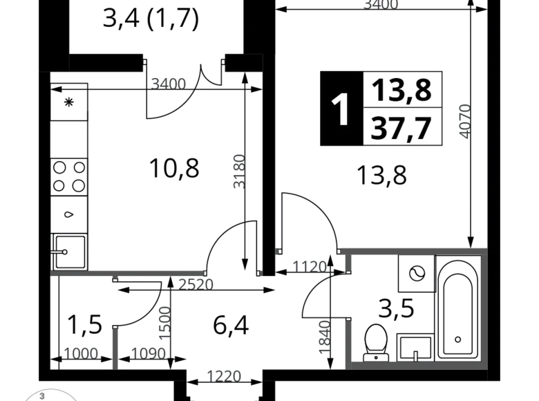 Квартира 1 комната 38 м² Ленинский район, Россия