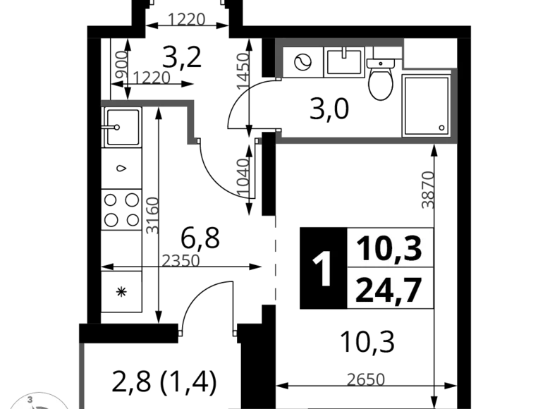 1 room studio apartment 25 m² Leninsky District, Russia