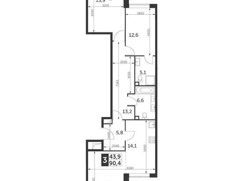 3 room apartment 90 m² North-Eastern Administrative Okrug, Russia