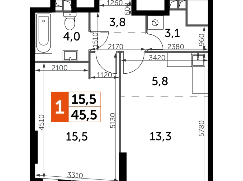 Квартира 2 комнаты 46 м² Москва, Россия