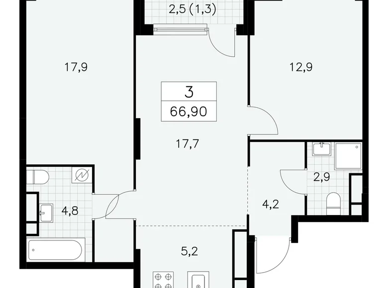 3 room apartment 67 m² South-Western Administrative Okrug, Russia