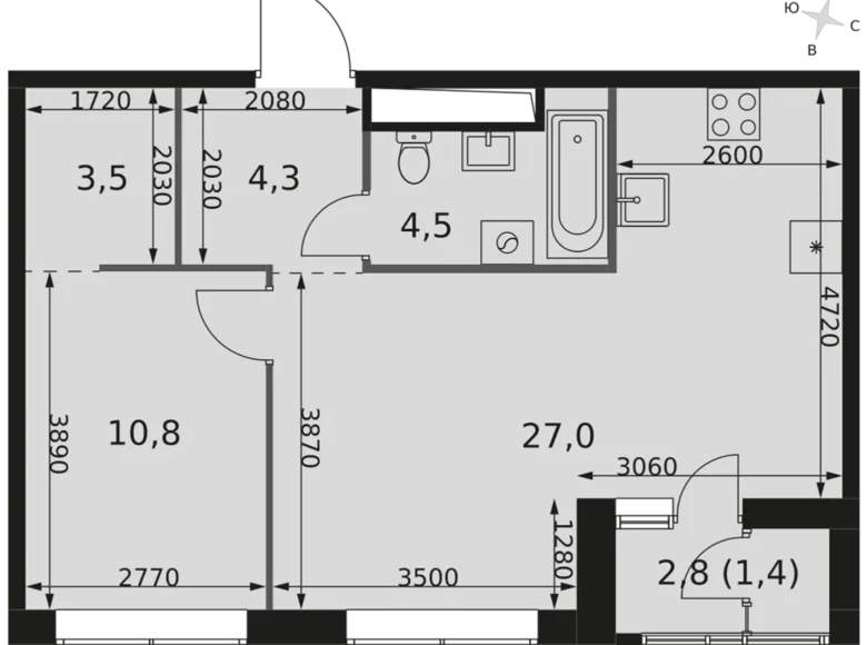 Квартира 1 комната 52 м² Москва, Россия
