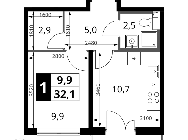 Квартира 1 комната 32 м² Химки, Россия