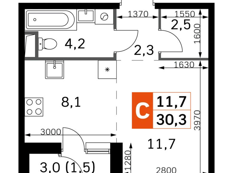 Студия 1 комната 30 м² Москва, Россия