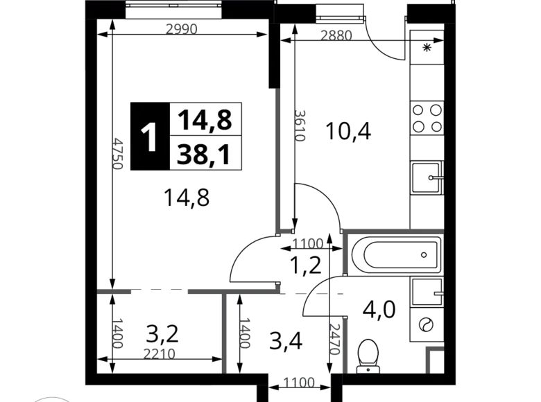 1 room apartment 38 m² Khimki, Russia