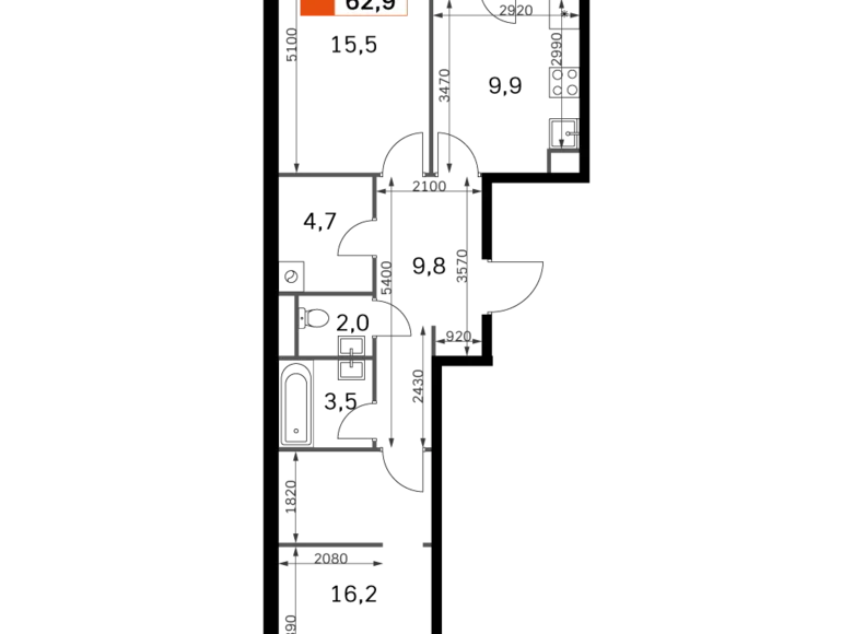 2 room apartment 63 m² Moscow, Russia