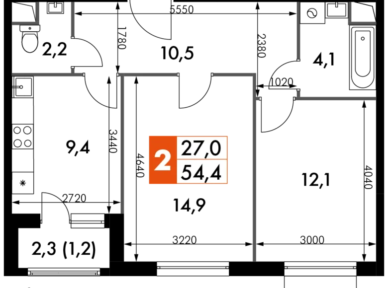 Mieszkanie 2 pokoi 54 m² Razvilka, Rosja