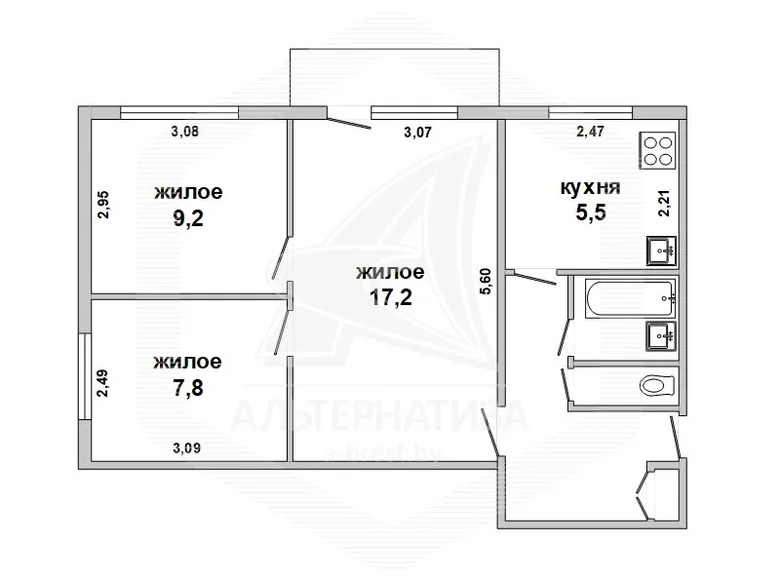 3 room apartment 50 m² Brest, Belarus