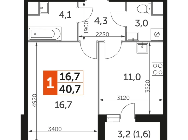 Квартира 1 комната 41 м² Развилка, Россия