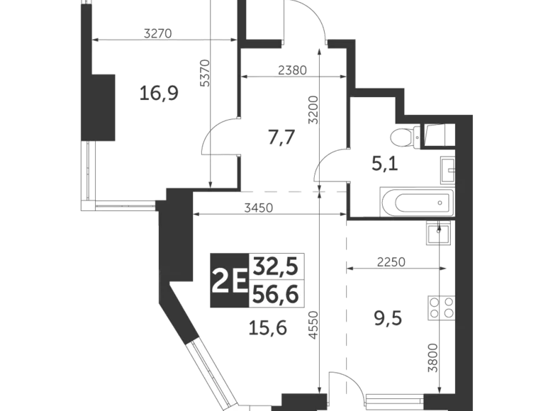 2 room apartment 57 m² Konkovo District, Russia