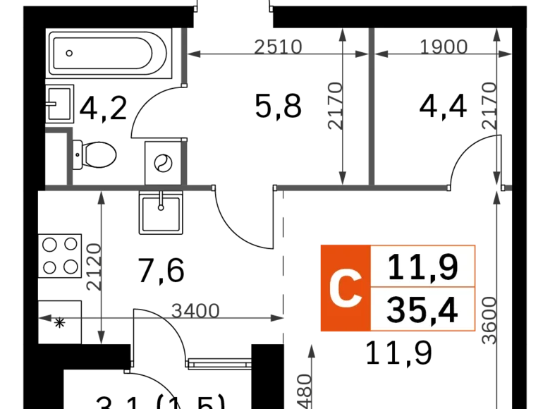 Студия 1 комната 35 м² Москва, Россия