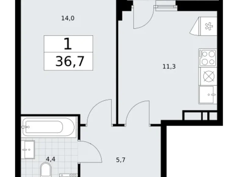 Квартира 1 комната 37 м² район Внуково, Россия