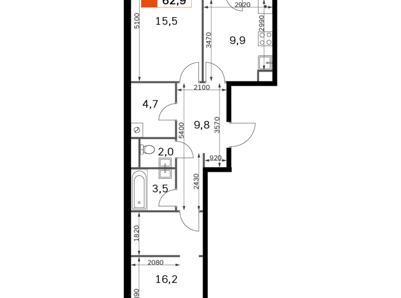 Квартира 2 комнаты 63 м² Москва, Россия