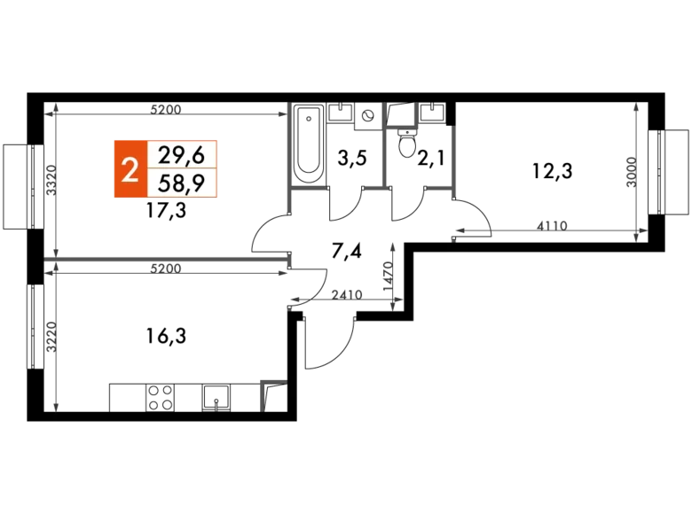 2 room apartment 59 m² Razvilka, Russia