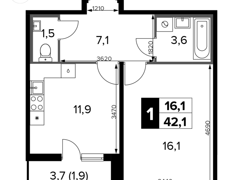 Wohnung 1 Zimmer 42 m² Chimki, Russland