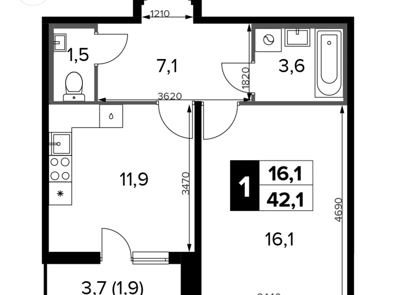 Appartement 1 chambre 42 m² Khimki, Fédération de Russie